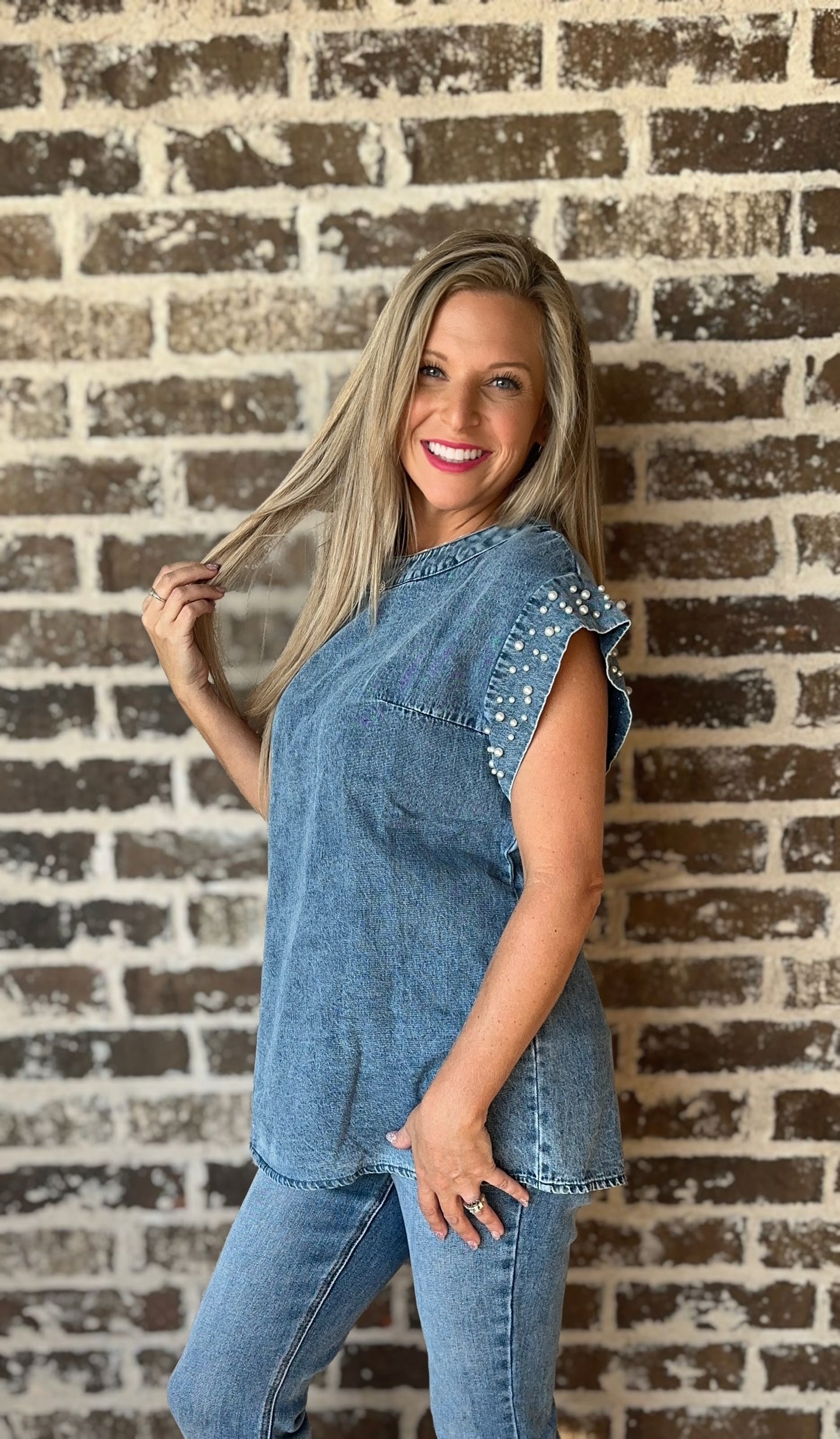 Pearl Trim Round Neck Cap Sleeve Denim Top