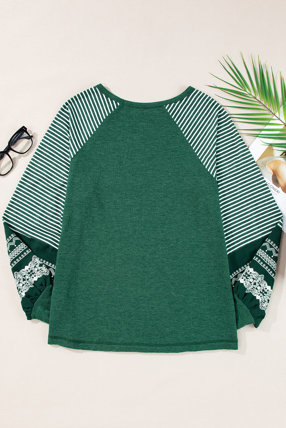 Tillandsia Purple Contrast Print Striped Raglan Long Sleeve Loose Top