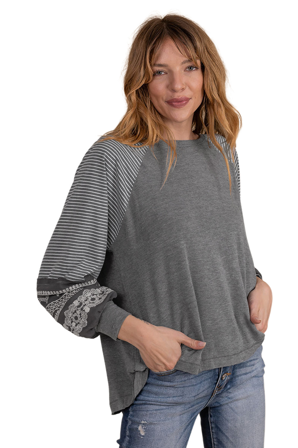 Tillandsia Purple Contrast Print Striped Raglan Long Sleeve Loose Top