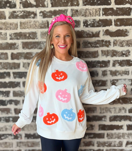 White Cute Halloween Pumpkin Graphic Sweatshirt