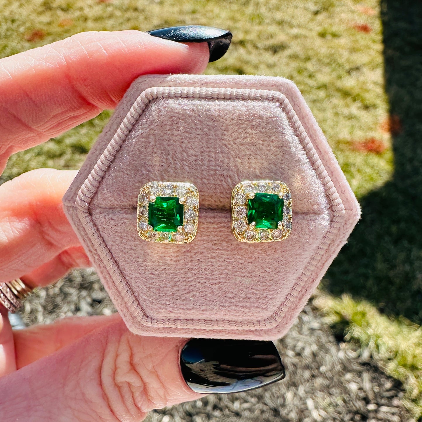 Olivia Emerald Halo Earrings in Dark Green