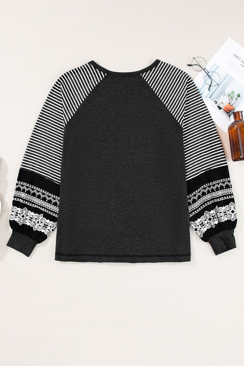 Tillandsia Purple Contrast Print Striped Raglan Long Sleeve Loose Top