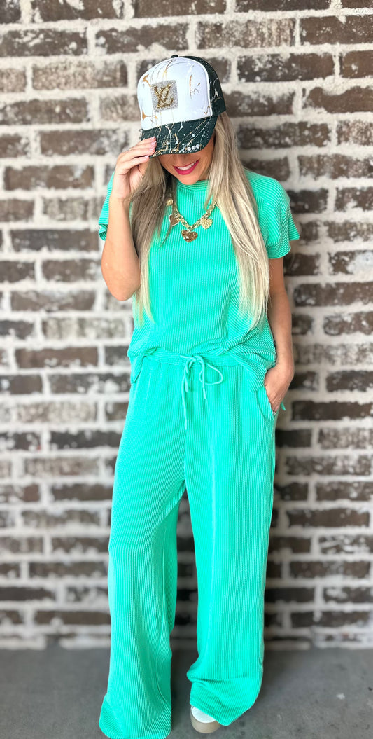 Ribbed Knit Round Neck Top and Pants Casual Set
