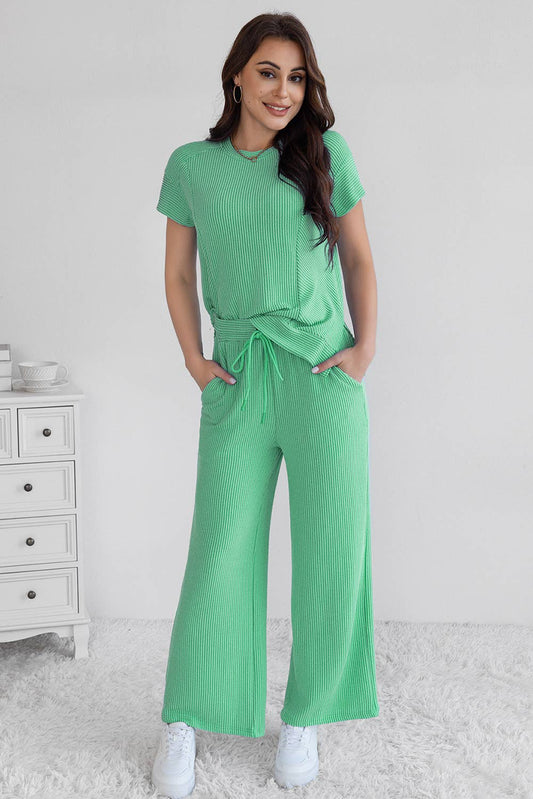 PRE ORDER Cable Knit Short Sleeve T Shirt and Wide Leg Pants Set