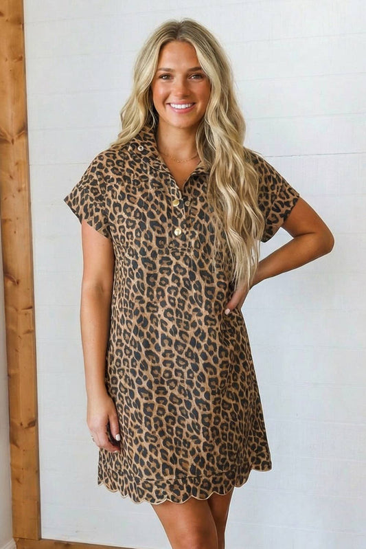 LAS Western Buttoned Shift Leopard Dress with Pockets