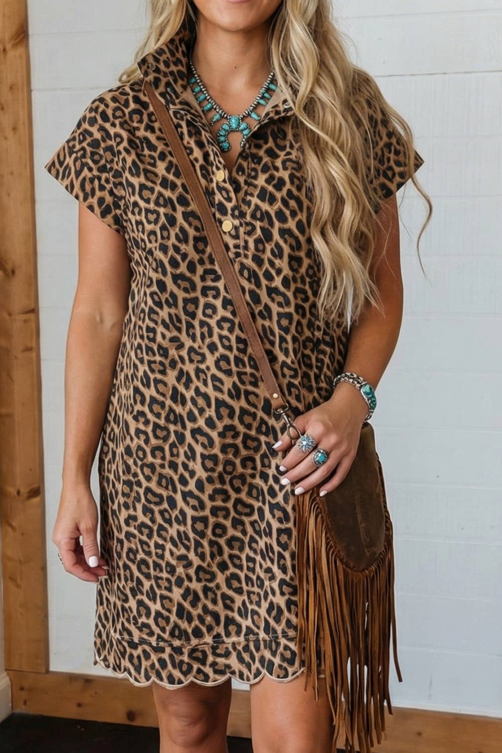 LAS Western Buttoned Shift Leopard Dress with Pockets