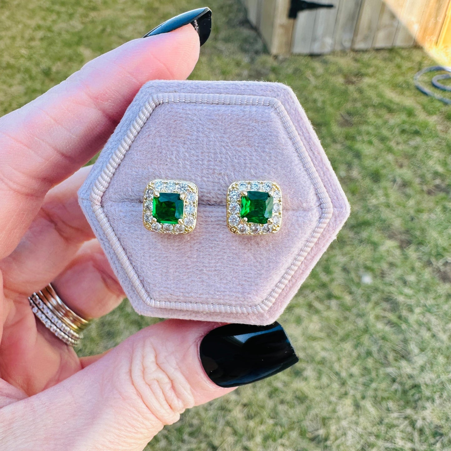 Olivia Emerald Halo Earrings in Dark Green