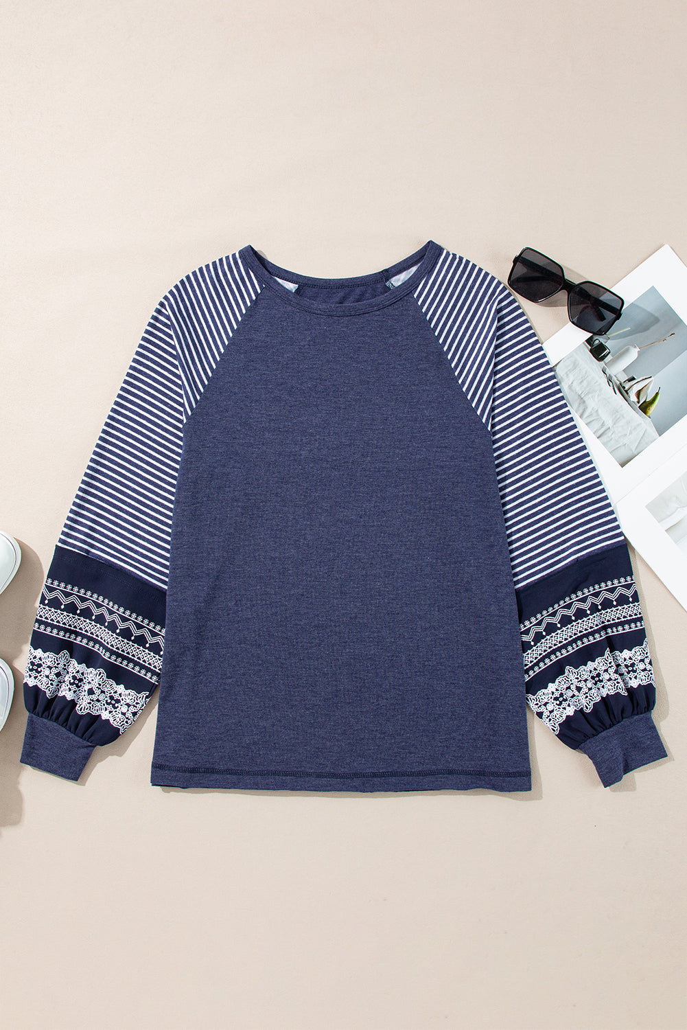 Tillandsia Purple Contrast Print Striped Raglan Long Sleeve Loose Top