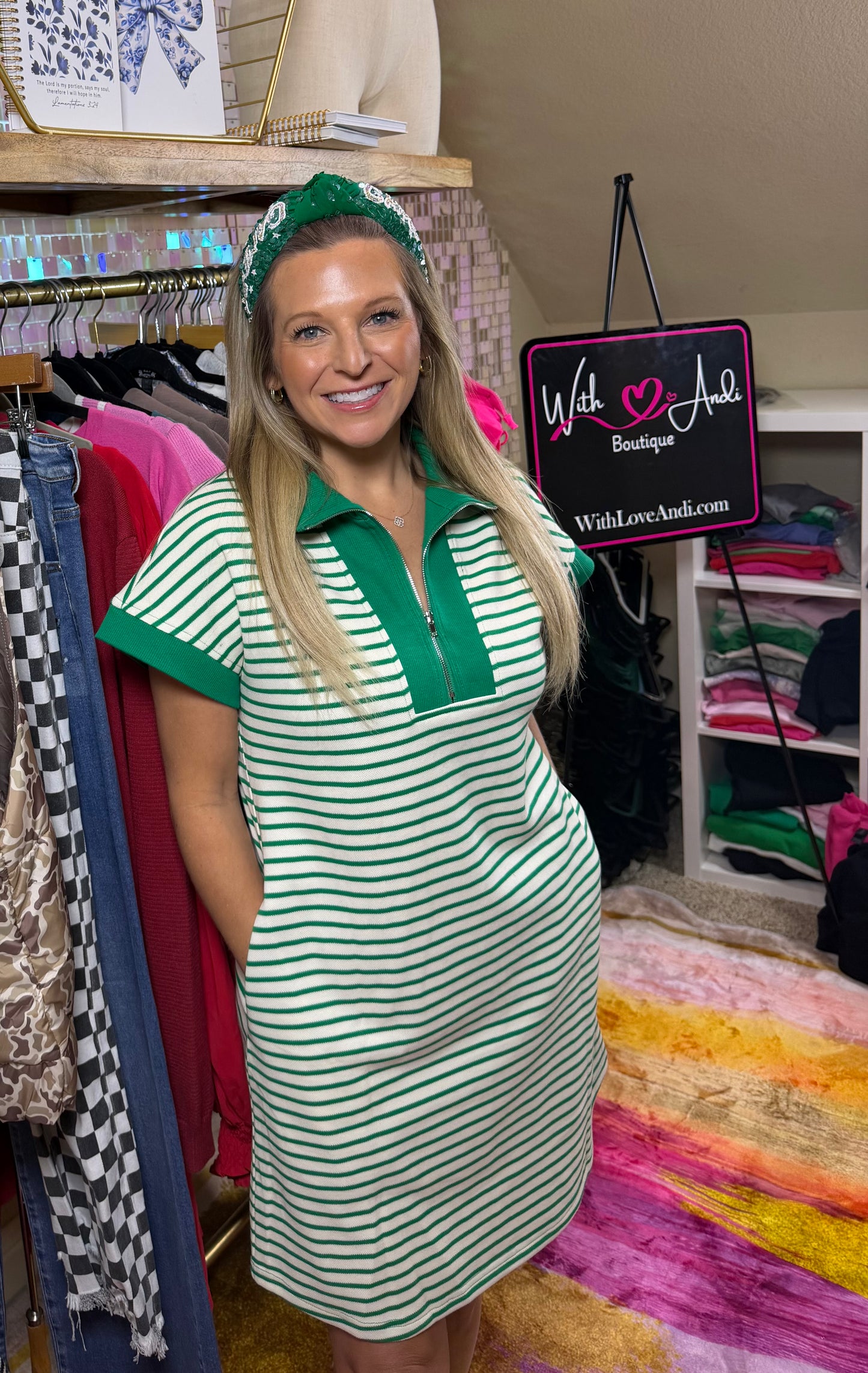 LAS Stripe Zip Polo Collar T Shirt Dress with Pocket (S-XL)