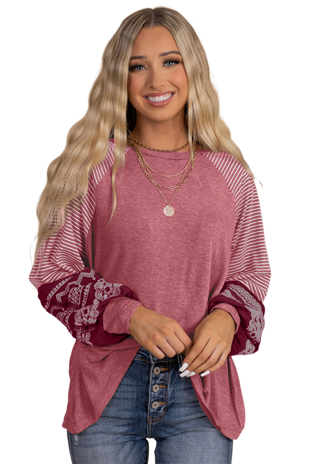 Tillandsia Purple Contrast Print Striped Raglan Long Sleeve Loose Top