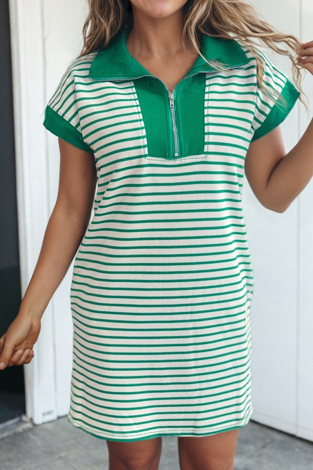 LAS Stripe Zip Polo Collar T Shirt Dress with Pocket (S-XL)