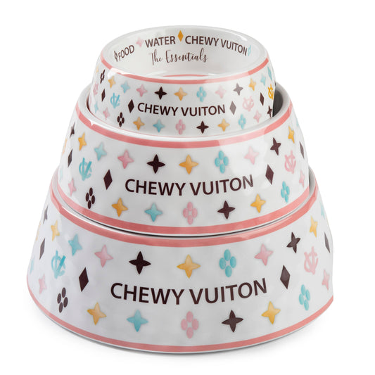 White Chewy Vuiton Dog Bowl - Medium SizeDog Food Bowl