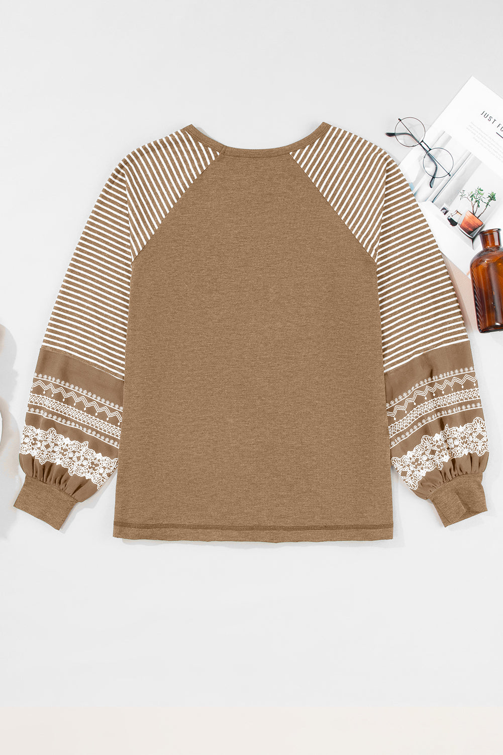 Tillandsia Purple Contrast Print Striped Raglan Long Sleeve Loose Top