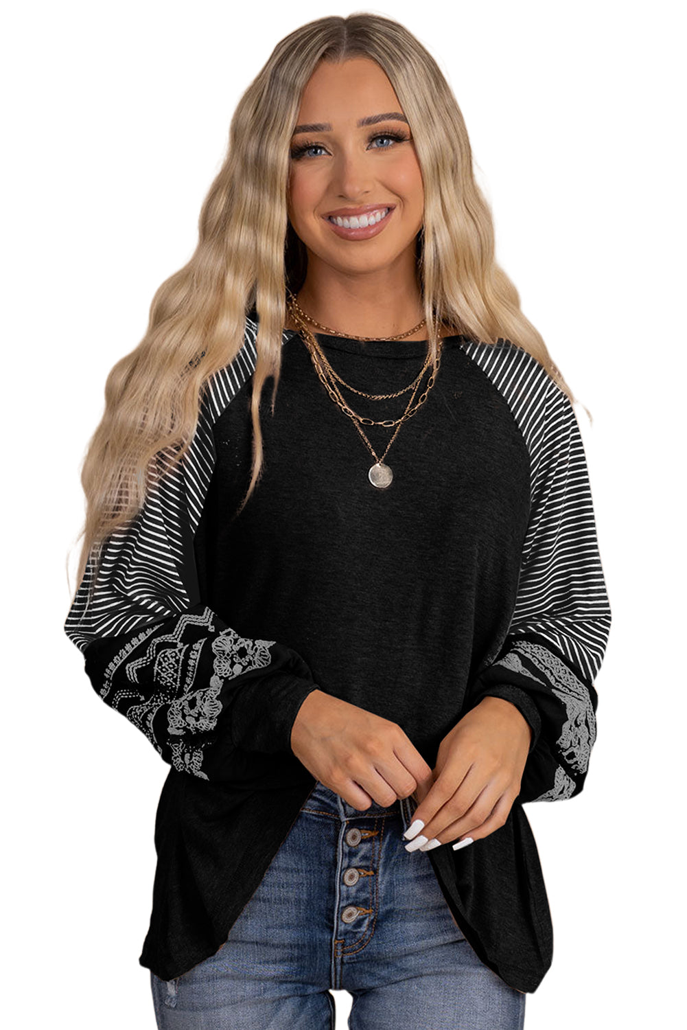 Tillandsia Purple Contrast Print Striped Raglan Long Sleeve Loose Top