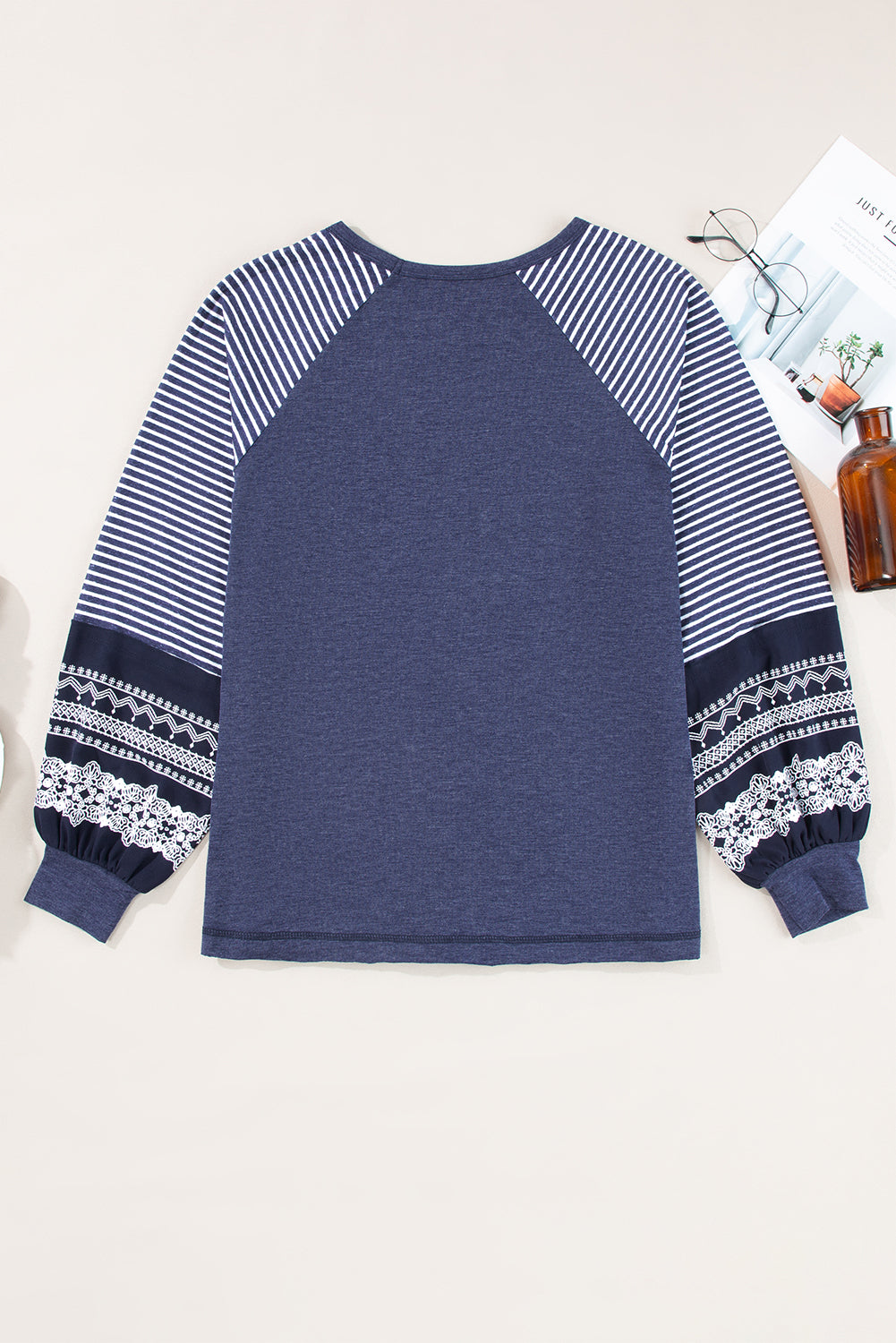 Tillandsia Purple Contrast Print Striped Raglan Long Sleeve Loose Top