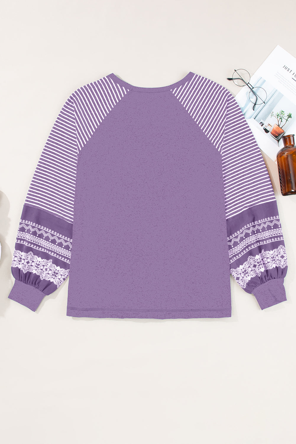 Tillandsia Purple Contrast Print Striped Raglan Long Sleeve Loose Top